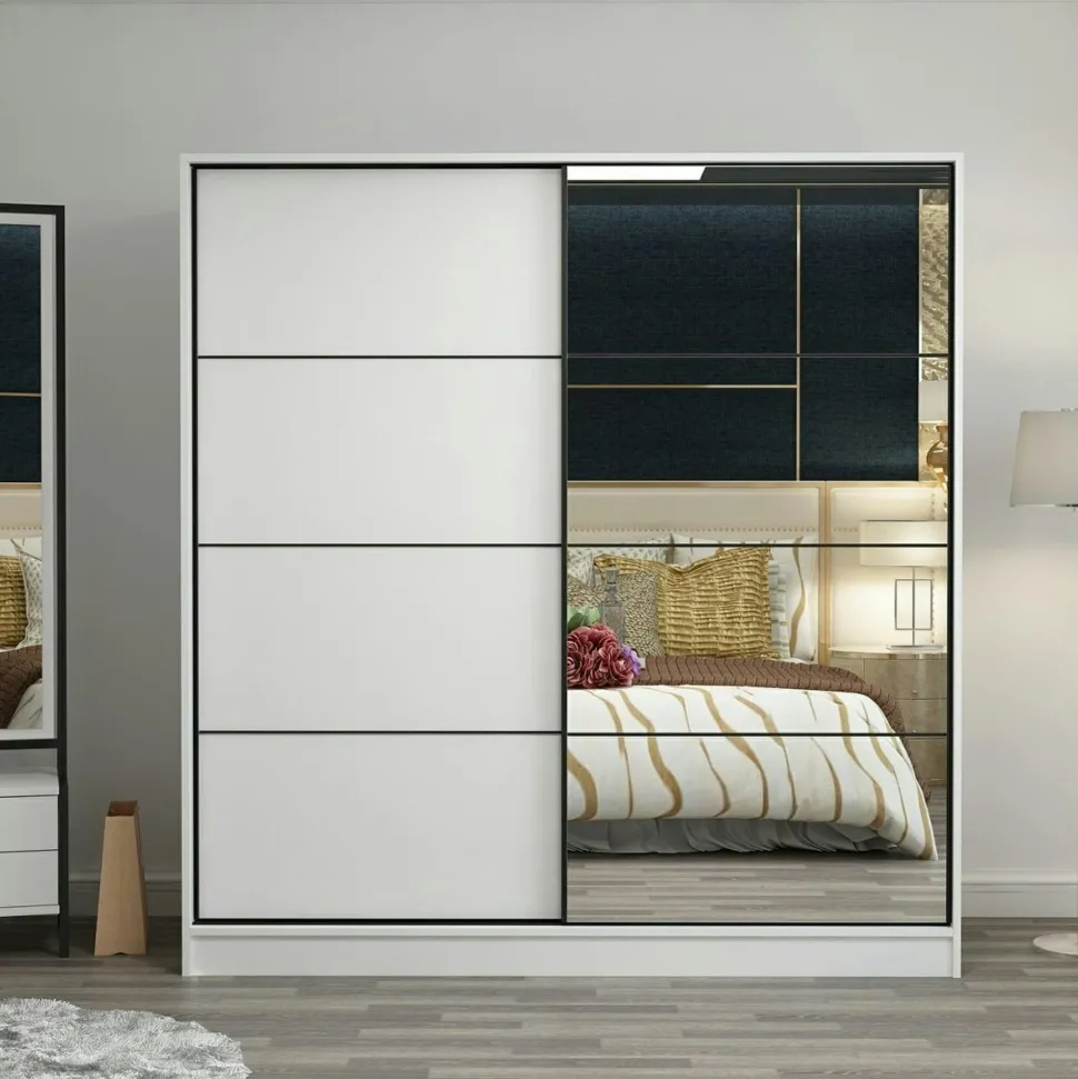 Armoire blanche 2 portes coulissantes, 1 miroir BYRON