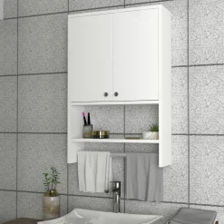 Armoire de toilette blanche 2 portes, porte-serviettes MARFA
