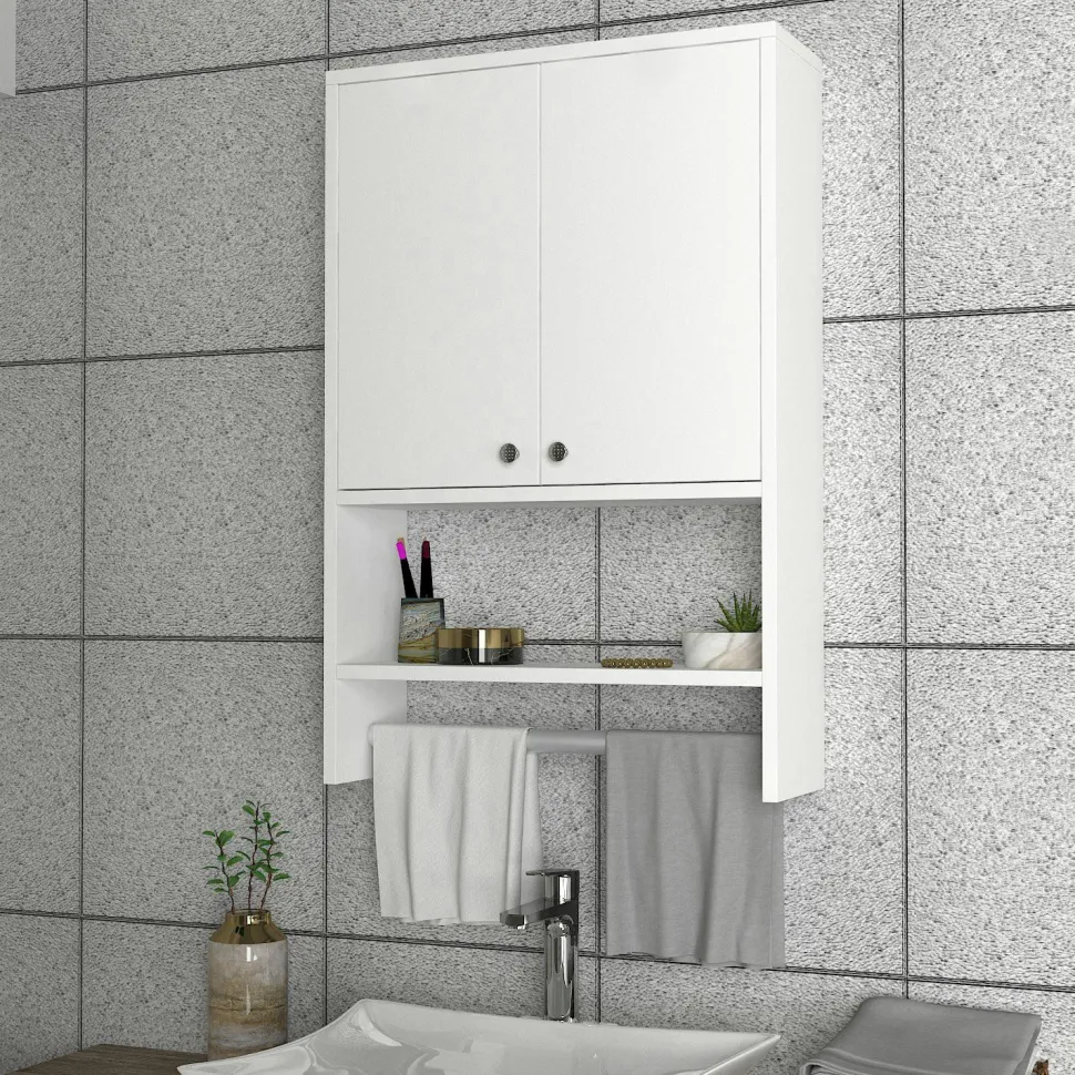 Armoire de toilette blanche 2 portes, porte-serviettes MARFA