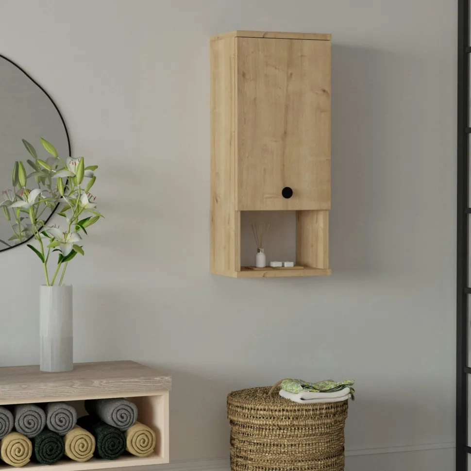 Armoire de toilette effet bois clair, 1 porte 1 niche MARFA