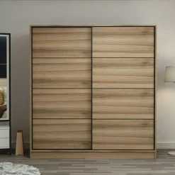 Armoire double penderie portes coulissantes, effet bois BYRON