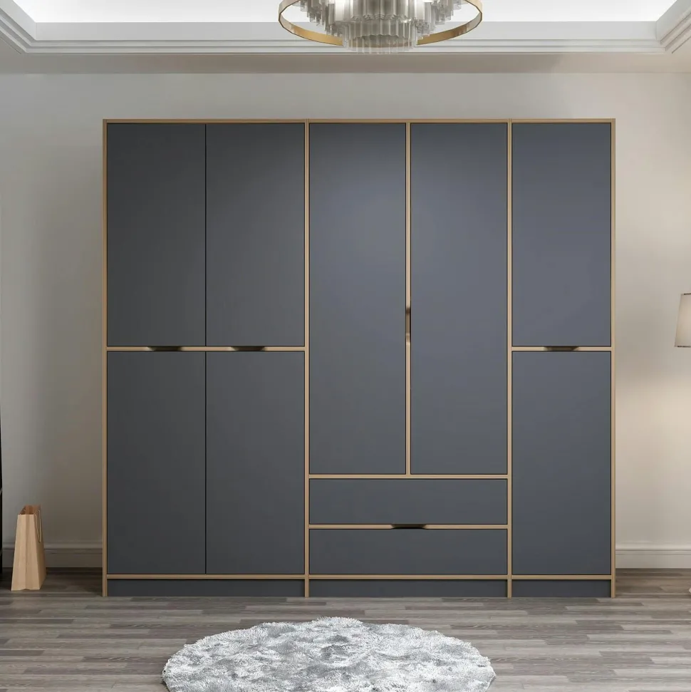 Armoire dressing chambre effet bois, 8 portes grises BYRON
