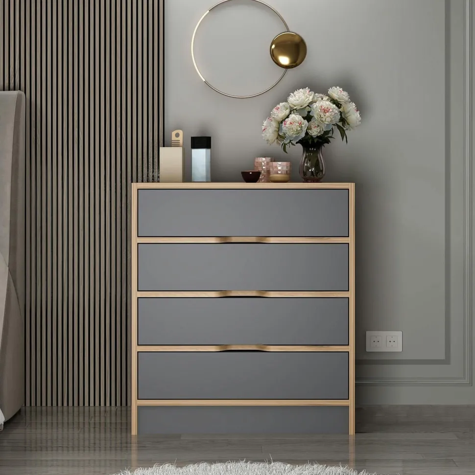 Armoire dressing chambre effet bois, 8 portes grises BYRON