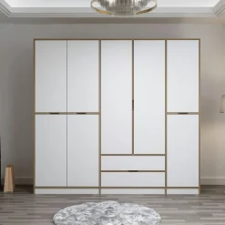 Armoire dressing chambre effet bois, 8 portes blanches BYRON