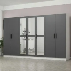 Armoire dressing grise et blanche 7 portes, 5 penderies BYRON
