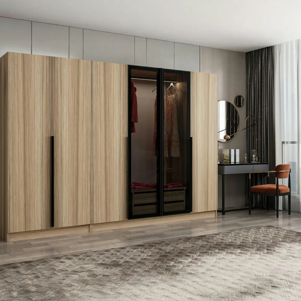 Armoire dressing moderne effet bois 6 portes H 270 cm BYRON