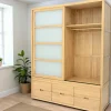 Armoire Hévéa 2 portes coulissantes, 6 tiroirs 55x180x220cm OLGA