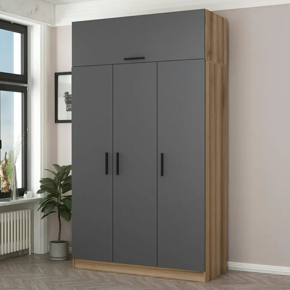 Armoire penderie 4 portes gris & effet bois, 1 tringle BYRON