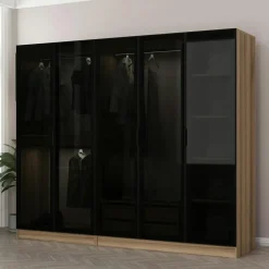Armoire penderie 5 portes verre et cadre effet noyer BYRON