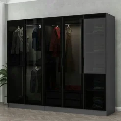Armoire penderie 5 portes verre et cadre effet noyer BYRON