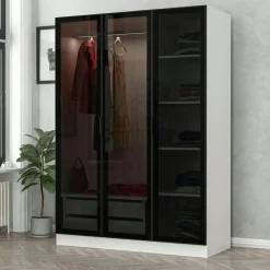Armoire penderie blanche 3 portes vitrées H 210 cm BYRON