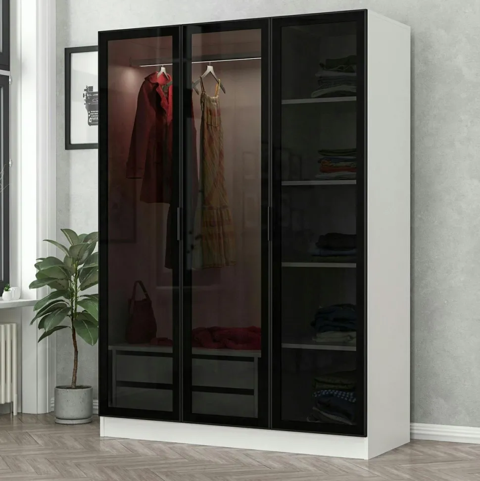Armoire penderie blanche 3 portes vitrées H 210 cm BYRON