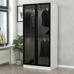 Armoire penderie blanche - 2 portes vitrées H. 210 cm BYRON