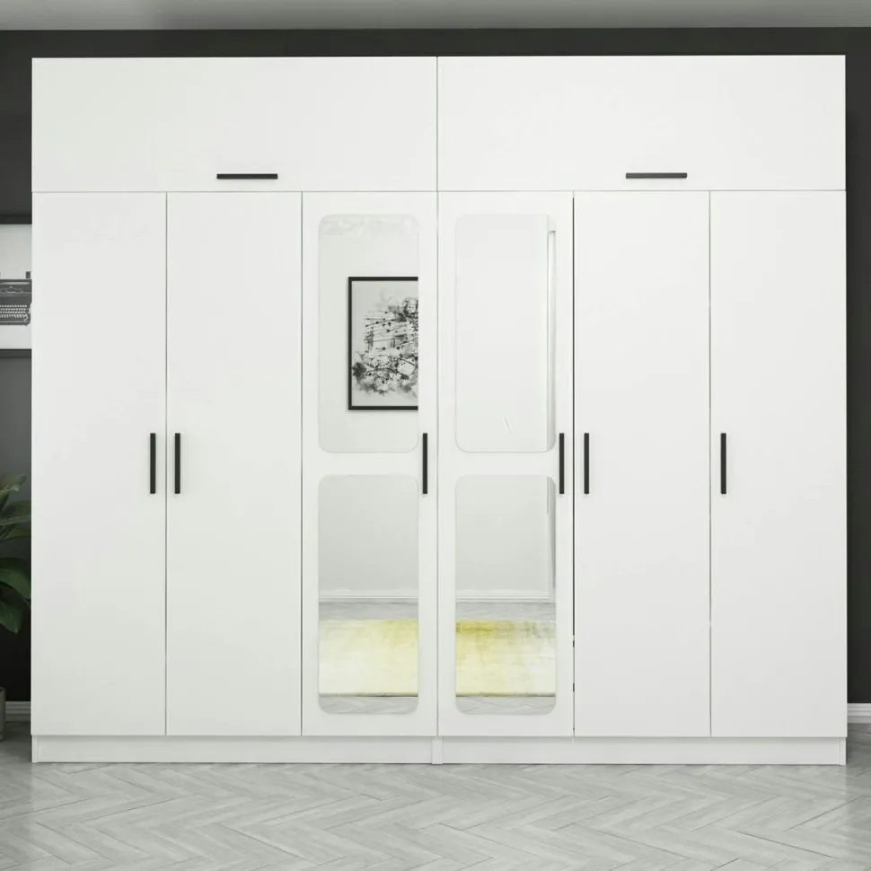Armoire penderie blanche, 8 portes 4 miroirs BYRON
