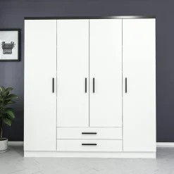 Armoire penderie blanche 4 portes poignées noires BYRON