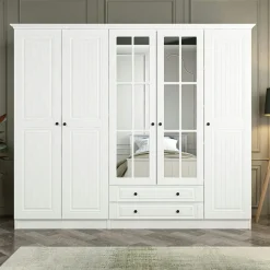 Armoire penderie blanche à moulures, 5 portes 2 miroirs BYRON