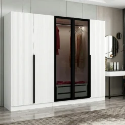 Armoire penderie blanche rainurée, 2 portes verre 225 cm BYRON