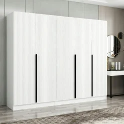 Armoire penderie blanche, 5 portes rainurées 3 portants BYRON