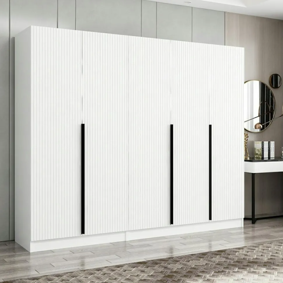 Armoire penderie blanche, 5 portes rainurées 3 portants BYRON