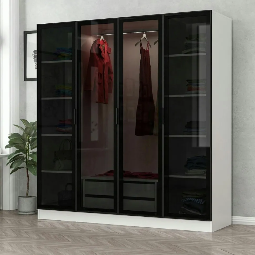 Armoire penderie blanche 4 portes verre H 210 cm BYRON