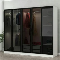 Armoire penderie blanche 5 portes verre 2 tiroirs BYRON