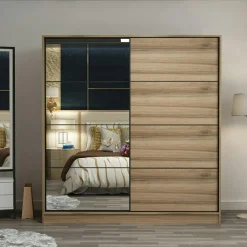 Armoire penderie coulissante effet bois 1 miroir H. 210 cm BYRON