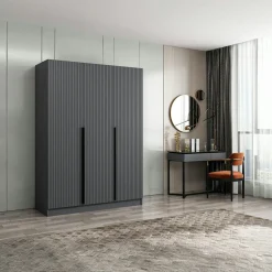 Armoire penderie design 3 portes grises rainurées BYRON