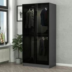 Armoire penderie design blanche - 2 portes vitrées BYRON