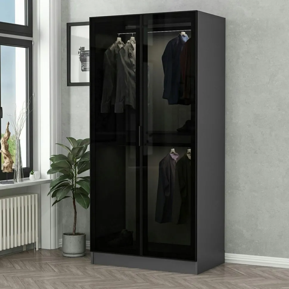 Armoire penderie design blanche - 2 portes vitrées BYRON
