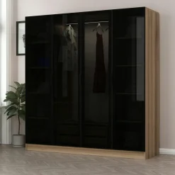 Armoire penderie design effet bois 4 portes verre H 210 cm BYRON