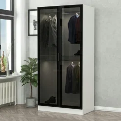 Armoire penderie design grise - 2 portes vitrées BYRON