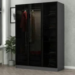 Armoire penderie design gris foncé, 3 portes vitrées BYRON