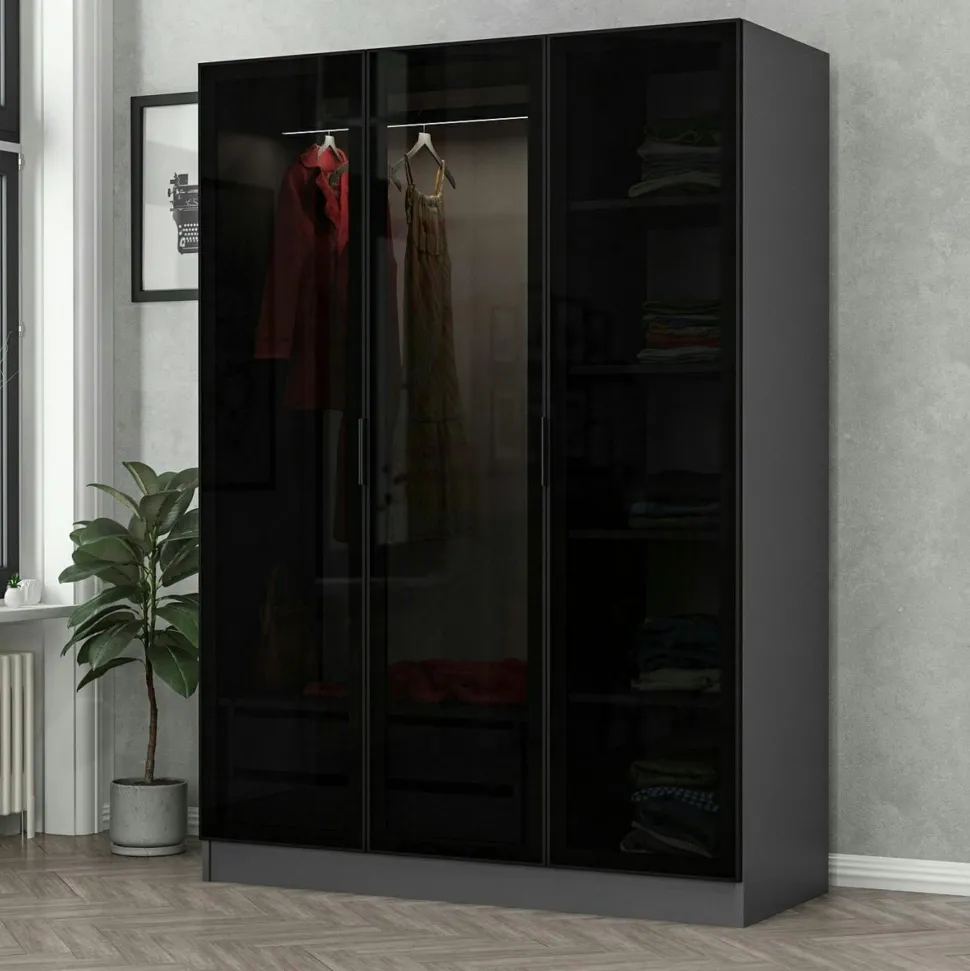 Armoire penderie design gris foncé, 3 portes vitrées BYRON