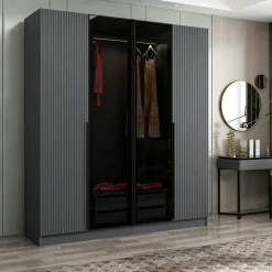 Armoire penderie grise 2 portes rainurées 2 vitrées BYRON