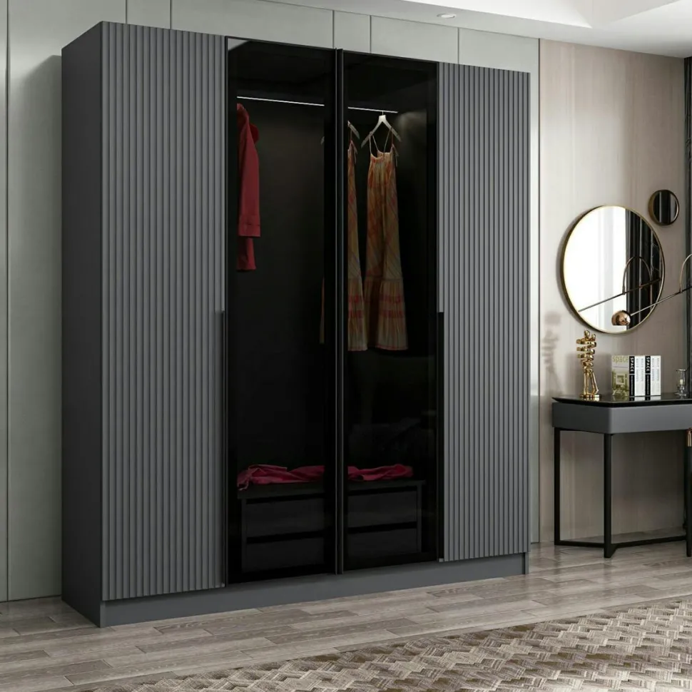 Armoire penderie grise 2 portes rainurées 2 vitrées BYRON