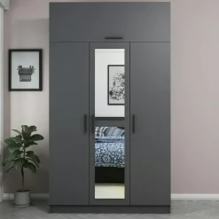 Armoire penderie grise 4 portes et 2 miroirs BYRON