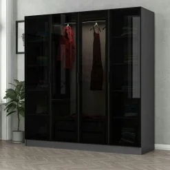 Armoire penderie grise 4 portes verre H 210 cm BYRON