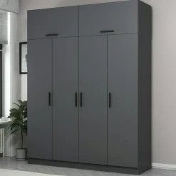 Armoire penderie grise 6 portes, 1 portant 2 tiroirs BYRON