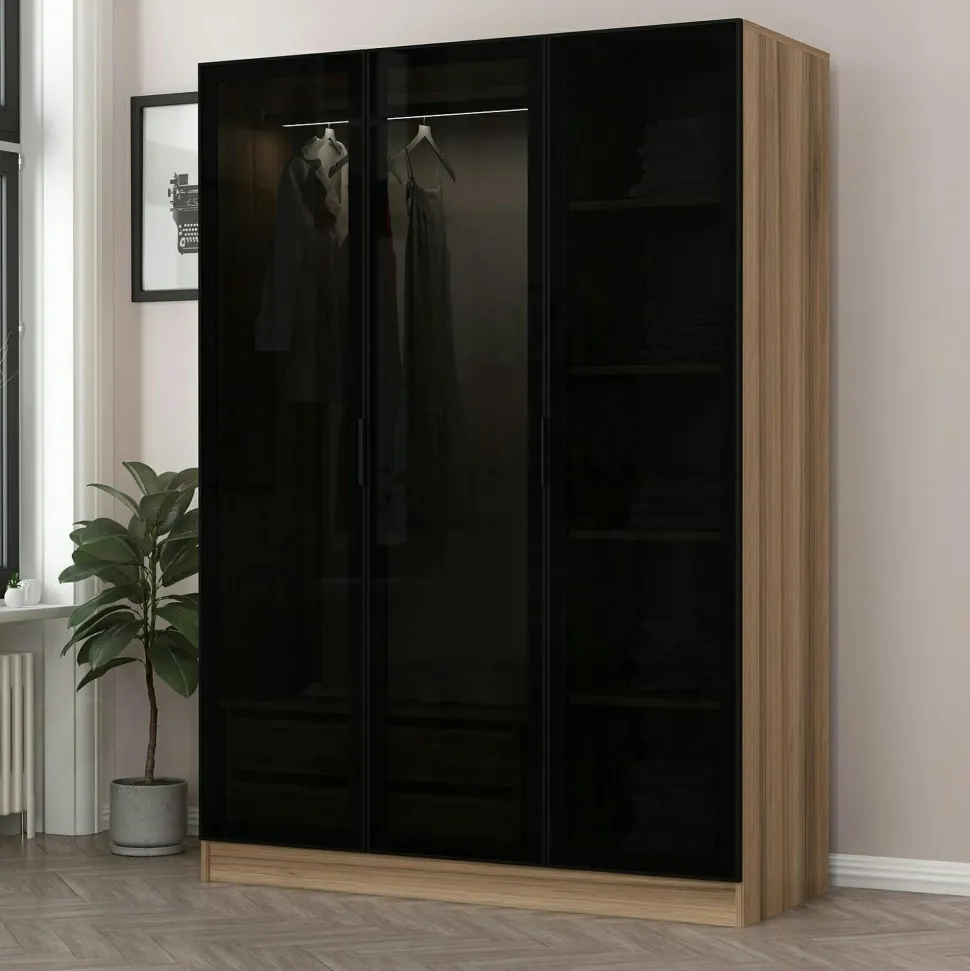 Armoire penderie grise design, 3 portes vitrées BYRON