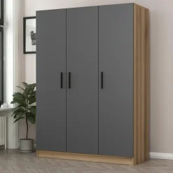 Armoire penderie moderne effet bois - 3 portes grises BYRON