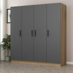 Armoire penderie moderne effet bois et gris BYRON