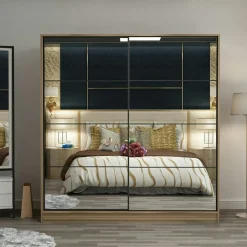 Armoire penderie portes coulissantes, effet bois & miroir BYRON