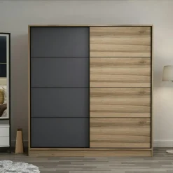 Armoire portes coulissantes effet bois, 1 face grise BYRON