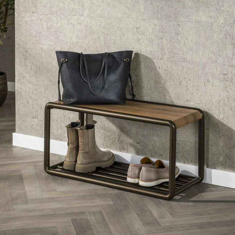 Banc à chaussures effet bois et métal cuivré HELSINKI