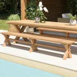 Banc de jardin pieds en croix teck recyclé naturel 270 cm MANY
