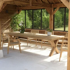 Banc de jardin pieds en croix teck recyclé naturel 270 cm MANY