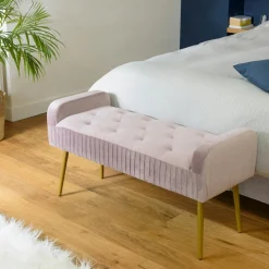 Banc de lit en velours rose et pieds dorés TIM