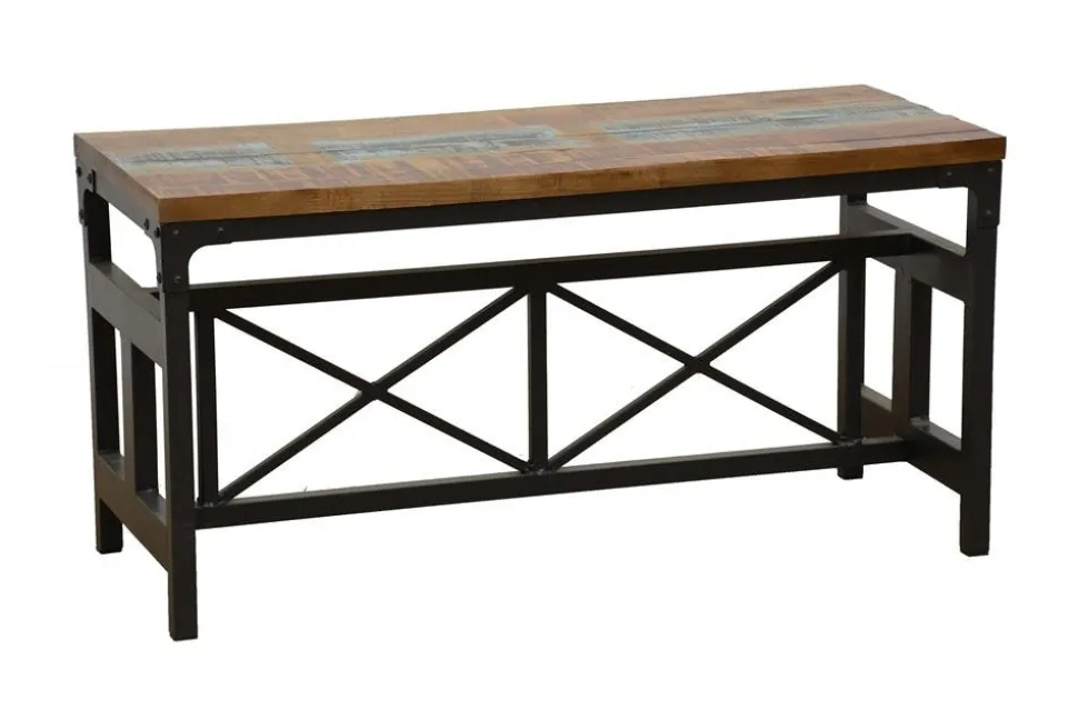 Banc en Hévéa recyclé coloré et pieds métal avec croisillons 90x36x45cm LOFT COLORS