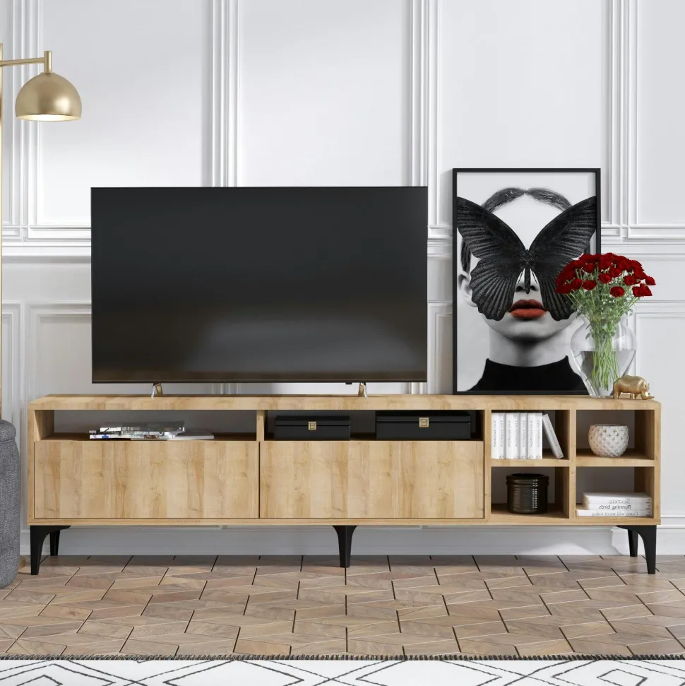 Banc TV avec rangement effet bois clair - 2 portes, 180 cm JENA