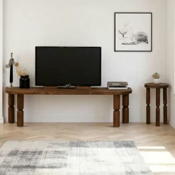 Banc TV en bois brun - pieds tournés, 140 cm BOMA